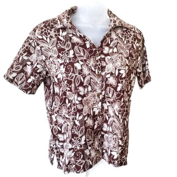 VINTAGE ERIKA Womens Button Up SZ SP Collar Floral Tropical Java Brown Textured - Picture 1 of 9